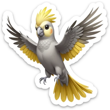 cinematic-[cockatiel]-realistic-full-body-perched-emoji,-wings-out-flying,-head-tilted-dramatically,-sleek-[yellow and grey]-feathers,-simplified-yet-realistic-focused-features,-highly-detailed,-glowing-with-an-almost-sarcastic-glow sticker