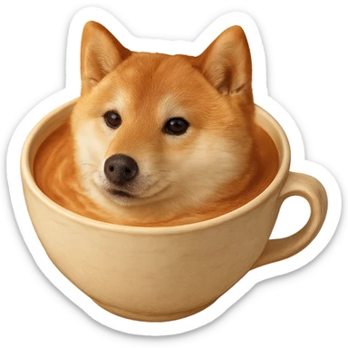 Make the dog in the latte art a Shiba Inu with realistic texture, gentle lighting, and pastel colors. Keep the style realistic and maintain no background as requested. sticker