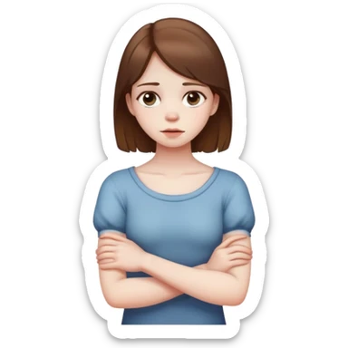 Arms crossed holding neck dead eyes young out dying girl with brown hair sticker