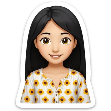 20 yr old asian woman hair white blouse with black dots center part big eyes big smile tanned skin straight black hair hippie part hair  sticker