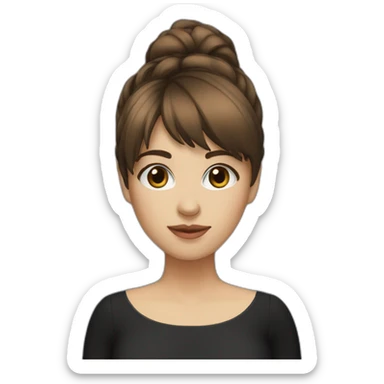 girl, brown hair with bang, fair skin, brown eye, black dress, using laptop sticker