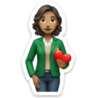 A European female teacher in a green jacket holds a heart in her hands sticker