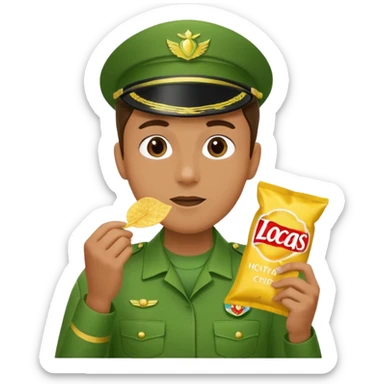 supermarket collegue wearing a green uniform and eating a packet of crisps no hat sticker