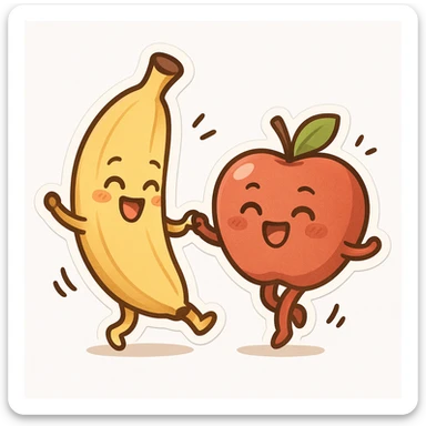 a cute banana and apple in a dance pose, energetic, white background sticker
