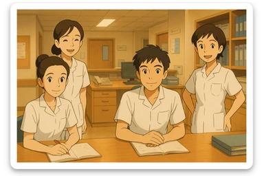 Four nursing students inspired by new photos, in a care station, Ghibli style, white short-sleeve medical tunics with V-neck and left chest pocket, no stethoscopes, no clothing under sleeves, warm and professional atmosphere. sticker