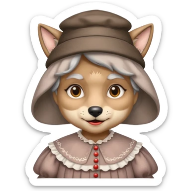 The big bad wolf is wearing Grandma's clothes and a hat, yet its face still looks like a wolf's. sticker