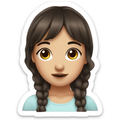 girl with wispy bangs and dark brown hair, brown bambi eyes and a soft round face sticker