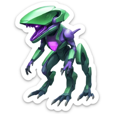 a purple-green Genesect-Raptor-Fakémon—hybrid with a futuristic visor-helmet full body sticker
