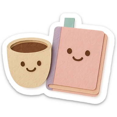 coffee cup and diary notebook with smiling faces, soft pastel colors sticker