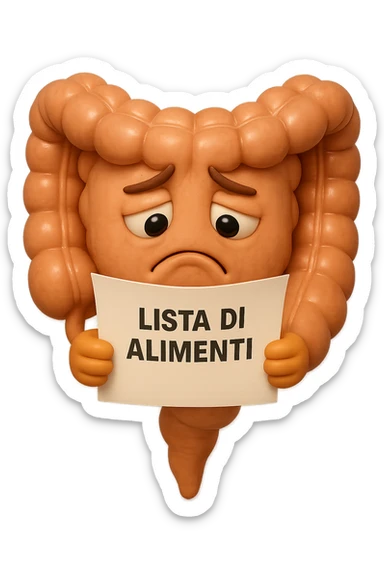 EMOJI STILE IPHONE DI UN INTESTINO CHE LEGGE UN FOGLIO CON LA SCRITTA "lista di alimenti" ed espressione triste in volto, IPERREALISTICO 4K sticker