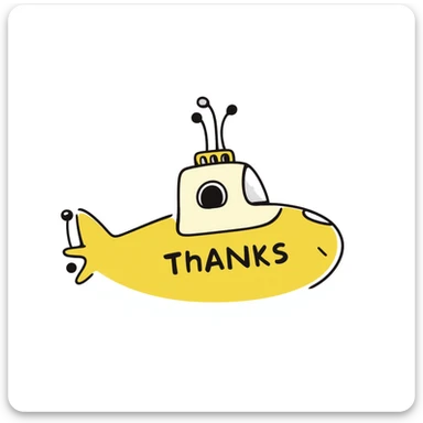 playful yellow submarine with 'thanks' in big letters, hand-drawn doodle style sticker