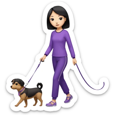 black hair Chinese woman wearing purple top and black pants walking 1 small brown dog sticker