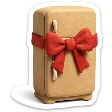 claymation style fridge with a big red bow sticker