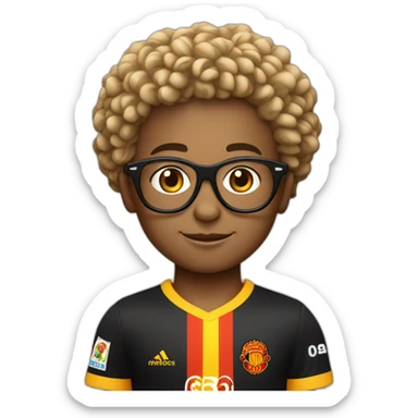 Un petit garçon aux cheveux bouclés et avec des lunettes accompagné de sa petite soeur avec des maillots du RC Lens sticker
