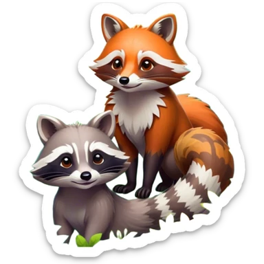 Collage of a raccoon and a fox, in close-up, surrounded by a colorful forest with rich green trees, thick bushes, and vibrant foliage. Sunlight peeks through the branches, casting warm light on the animals. A lively, natural setting with a transparent background. sticker