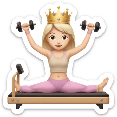 Sticker emoji of a girl doing Pilates arm exercises on a reformer, holding light dumbbells. Small crown, happy expression, beige outfit. Kawaii proportions, white outline, transparent background. sticker