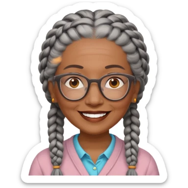 Older woman of color with gray braids, glasses and smiling sticker