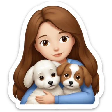 White bishon dog in hug with girl with long brown hair an sticker