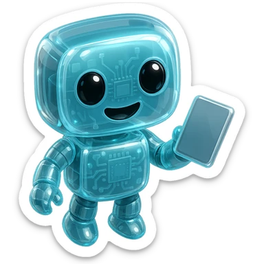 Robotukas pasisukęs priekiu, glossy circuit stilius, pagrindinė spalva #6fe8f3 žydra, miela išraiška, vietoj gėlytės rankoje laiko tabletę, be fono. sticker