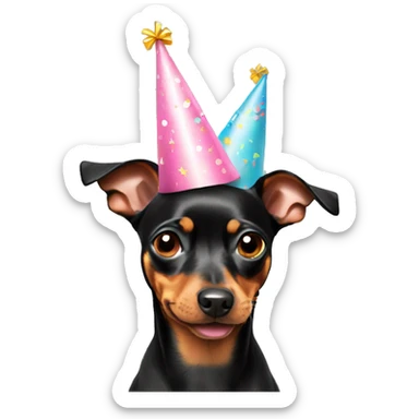 Miniature Pinscher wearing birthday hat sticker