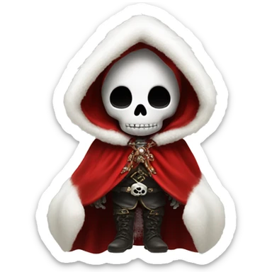 Cute, happy little skull wearing a red velvet hooded cloak with white fur trim. sticker