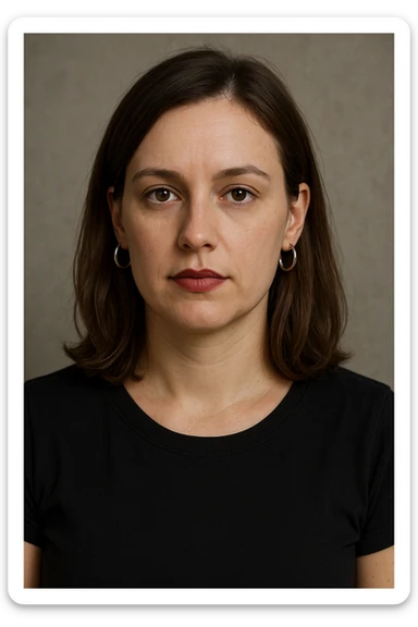 30 year old white woman with shoulder-length hair and brown eyes, left side of her hair tucked behind her ear, wearing lipstick and hoop earrings, neutral expression, upper body portrait sticker