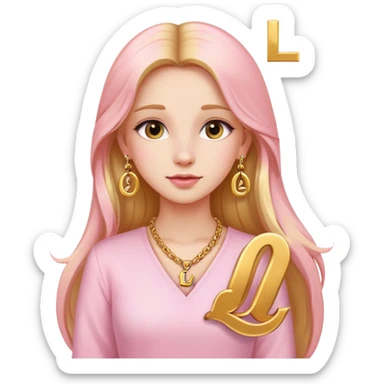 A beautiful girl wearing light pink clothes, long golden hair, earrings, Necklace with the letter L sticker