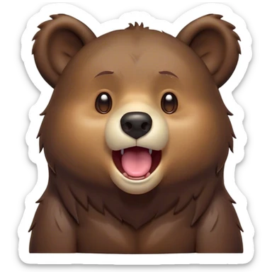 Cinematic Cute Yawning Bear Portrait Emoji, Head tilted slightly with a dramatic, wide-open yawn, showcasing a soft, plush dark brown fur with drooping ears, round eyes barely open in drowsy contentment, Simplified yet irresistibly adorable features, highly detailed, glowing with a soft, cozy glow, high shine, relaxed yet expressive, stylized with a touch of woodland charm, bright and endearing, soft glowing outline, capturing the essence of a sleepy yet affectionate bear, so drowsy it feels like it could lumber out of the screen and curl up for a nap! sticker