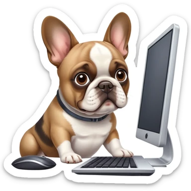 Frenchie working behind computer sticker