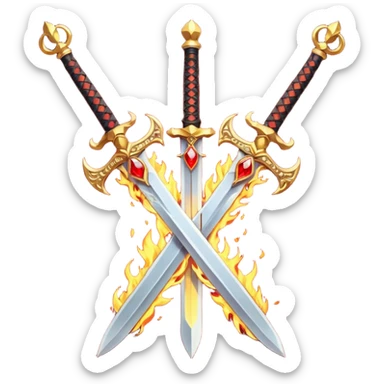 Two powerful on fire fully golden fiery royal crossed swords with red gems sticker