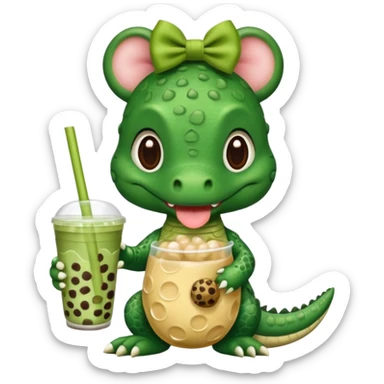 baby alligator with bow holding a boba tea sticker