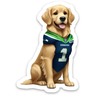 Golden retriever wearing Seahawks jersey sticker