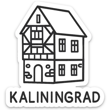 Icon of a house in Kaliningrad, hand drawn, black outlines, no fill, simple and clean, angled view sticker