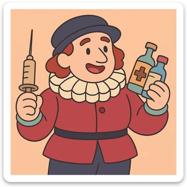 Tudor doctor holding medicine bottles and medical equipment in pastel toon cartoon style, soft colors, gentle shading, smooth gradients, calm and friendly expression sticker