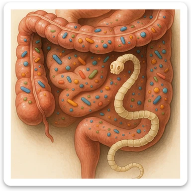 a medical illustration of a human realistic gut with bacteria and parasyte (tenia) sticker