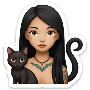 beautiful brown girl, with tattoo, with the long black hair, straight hair, chinese, with black cat sticker