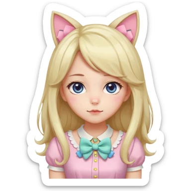 Gorgeous spectacular epic realistic anime-styled smooth soft shiny romantic pastel anime style lady with blushing cheeks, cat ears, long beautiful luscious stylish hair, big pretty eyes, cute colorful pastel dress and skirt and bow ties, and necklace sticker