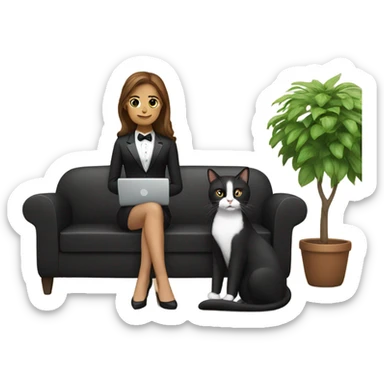 Light skinned woman with brown hair sitting on the couch laptop on her lap next to small black and white tuxedo cat sticker