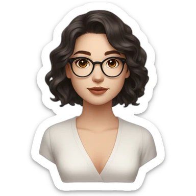 Beautiful white skin teenage girl very long wavy dark flax colored hair amber eyes rose gold round glasses white shirt black robe sticker