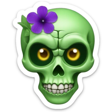 Green skull with purple flower coming out from eye socket sticker