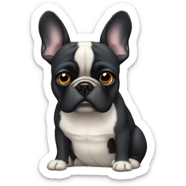 Black French bulldog X pug frowning face grey chin floppy ears and bottom teeth showing  sticker