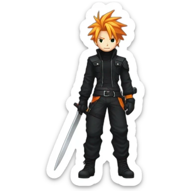 cloud strife  with orange hair. Black clothes full body with Buster  sticker