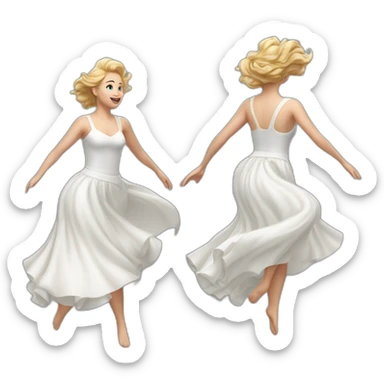 Hyperrealistic Full body Caucasian curvy beauty jumping white skirt back and front views strong wind sticker