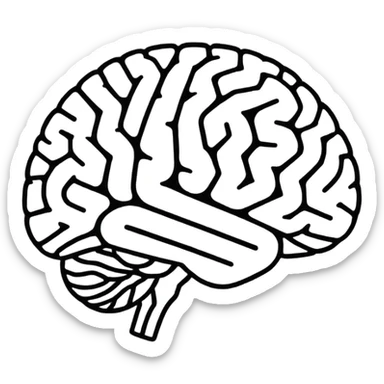 Super minimal brain icon, outline style, YouTube play triangle subtly integrated in center, single line art, monochrome or two-tone, clean vector, suitable for small size display, modern flat design sticker