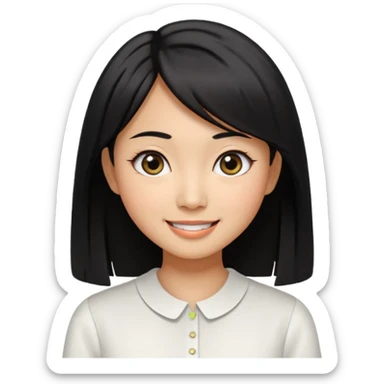 30 yr old asian woman center parted hair big eyes big smile tanned skin straight black hair hippie part hair white blouse shoulder length hair middle parted hair few short bangs at front sticker