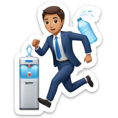 Business executive running marathon in suit next to water cooler sticker