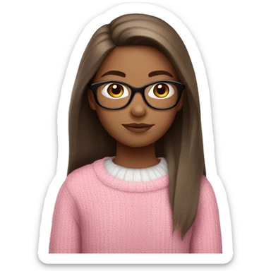  Girl With white skin , straight long brown hair in pink sweater with white glasses  sticker