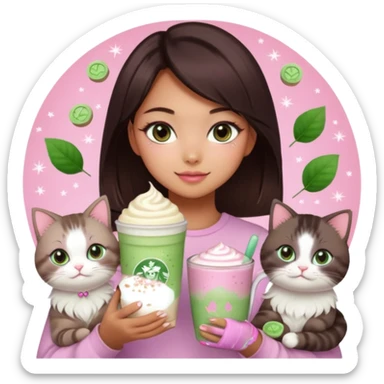 asian girl with shoart dark brown hair with a soft girl pink glowup aesthetic. matcha latte sparkles girly things, 2 ragdoll cats, skincare, makeup, money, luxury sticker