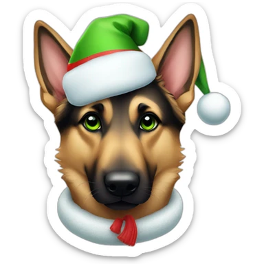 A cute German Shepherd with green eyes wearing a santa hat and a scarf sticker
