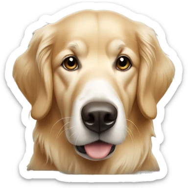 Old golden retriever with white face sticker